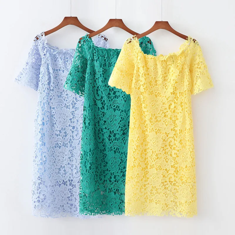 

B8472-Western Style WOMEN'S Dress 2019 Summer New Style Horizontal Neck Lace Crochet Short-sleeve Dress