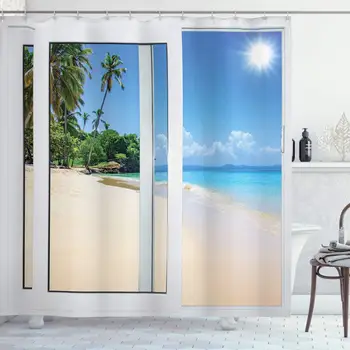 

Ocean Shower Curtain, Ocean View from The Window on The Island Scenery Traveling Destination, Cloth Fabric Bathroom Decor Set