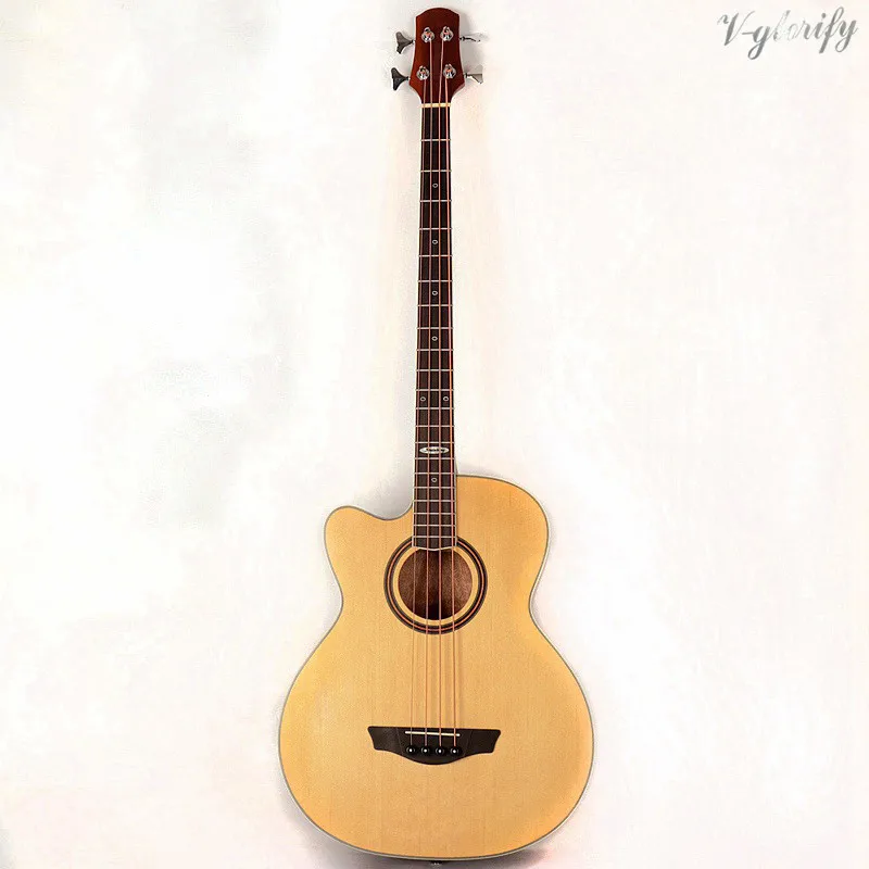 

left hand 4 string electric acoustic bass guitar 43 inch 21 frets cutway design natural color with EQ 864mm scale bass guitar