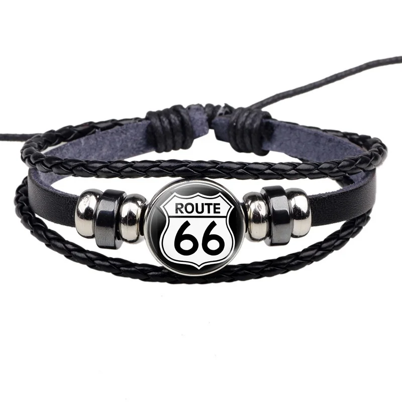Route 66 знаки браслеты для мужчин и женщин панк тканый браслет Route 66 ювелирные изделия Шарм Черный Кожаный Браслет Путешествия Подарочные сувениры
