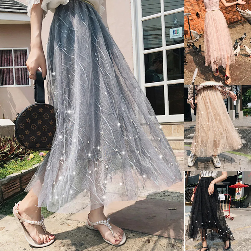 40# Женская юбка весна-лето, юбки с высокой талией, Женская длинная сетчатая юбка-пачка, макси плиссированная юбка faldas mujer moda