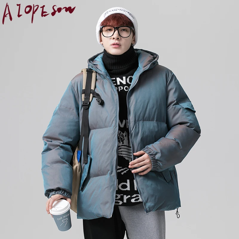 

AIOPESON 2020 New Reflective Men's Coats Casual Solid Color Stand Collar Zipper Winter Coat Men Fashion Loose Warm Mens Coat