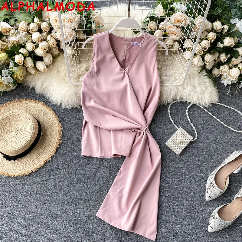 ALPHALMODA Летняя Женская стильная блузка без рукавов Однотонная рубашка