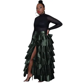

Gothic Elegant Button Up PU Leather Skirts Womens 2020 Vintage High Waisted Long Skirt Layered Ruffle Maxi Skirt Jupe Femme