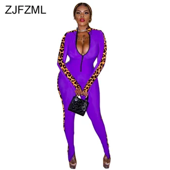 

Leopard Spliced Sexy Romper Women Jumpsuit Front Zipper Long Sleeve One Piece Overall Fall Winter Deep V Neck Plus Size Bodysuit