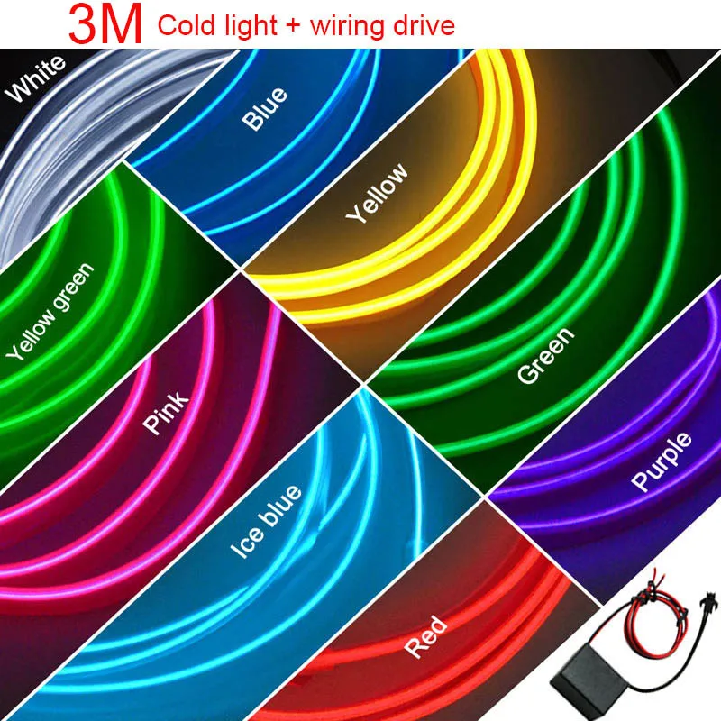 

Haoyuehao 3M 1Cold Light + Wiring 10 Color LED Car Light Car Accessories Car Atmosphere Lamp Cold Light Wiring Drive DC 12V