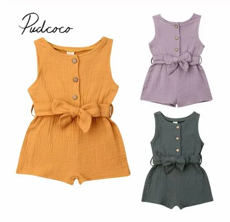 

Pudcoco Summer Newborn Baby Girl Clothes Sleeveless Solid Color Cotton And Hemp Romper Jumpsuit Belt One-Piece Outfit Sunsuit