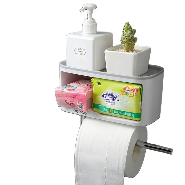 ECOCO Bathroom Shelf Wall Mounted Toilet Soap Dish Bath Shower Set Shampoo Holder Towel Bar Punch Free Hanger Accessories Basket 4
