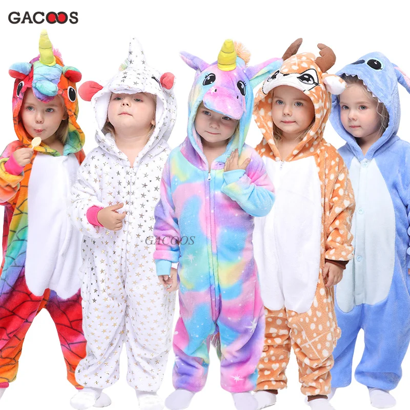 Зимние пижамы кигуруми; пижамы с единорогом; детские комбинезоны для мальчиков и девочек; одежда для сна с героями мультфильмов; фланелевые теплые комбинезоны; детские пижамы