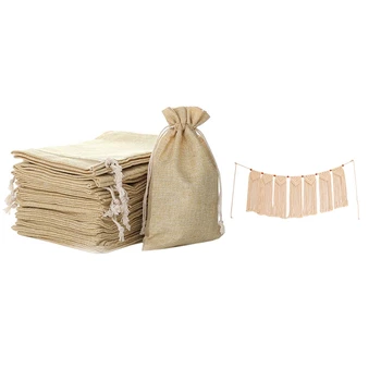 

25 Pcs 5.9 Inch x 8 Inch Natural Linen Burlap Bags with Jute Drawstring & 1x Woven Wall Hanging Fringe Garland Banner