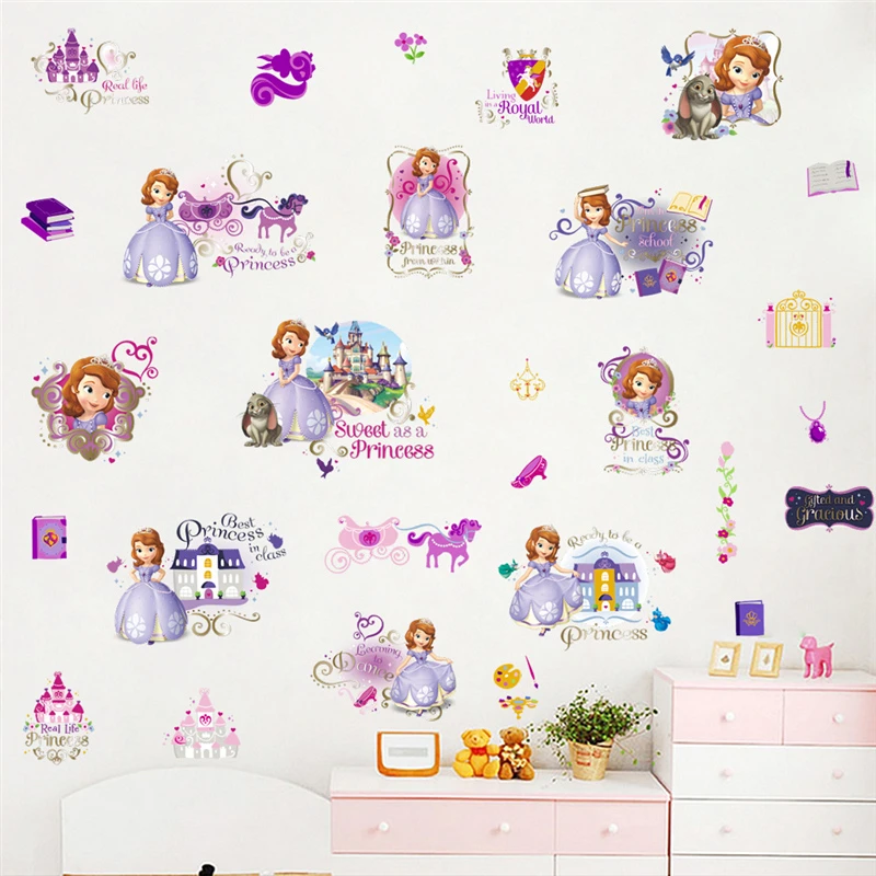 Мультфильм Дисней София принцесса настенные наклейки для детской комнаты домашний декор Diy фотообои с героями аниме искусство девушка настенные наклейки ПВХ - Цвет: B001