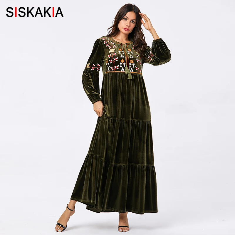 Najtaniej Siskakia aksamitna sukienka w stylu casual, swing długa sukienka fioletowe haftowane kwiatowe wzory Maxi sukienki Tassel sznurek O Neck bufiaste rękawy ubrania zea