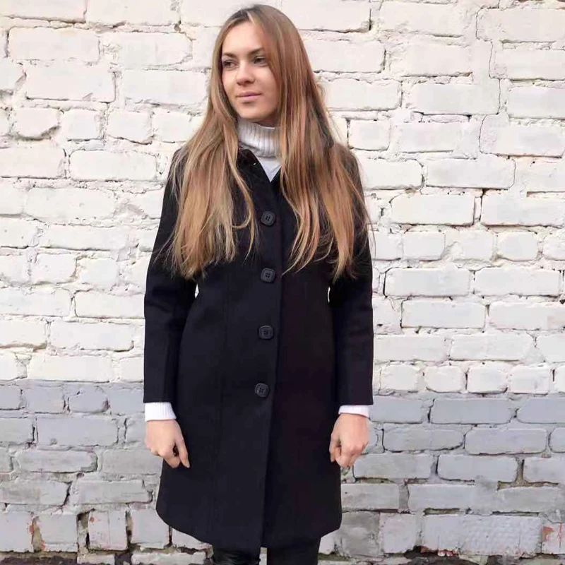 Женское шерстяное пальто с подкладкой свободное элегантное для офиса синего