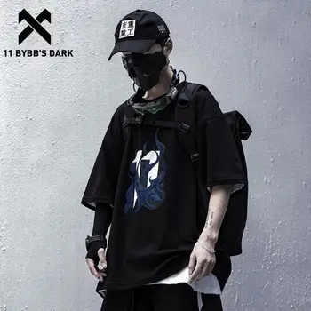

11 BYBB'S DARK Oversize Hip Hop T Shirt Men 2020 Blue Fire Print Cotton Streetwear T Shirts Man Harajuku Short Sleeve Tops Tees
