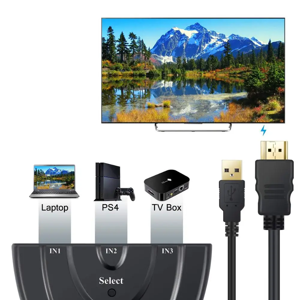 Разветвитель HDMI AMKLE переходник 1080P HUB с USB PD 3 в 1 переключатель для HD ТВ Xbox PS3 PS4 DVD