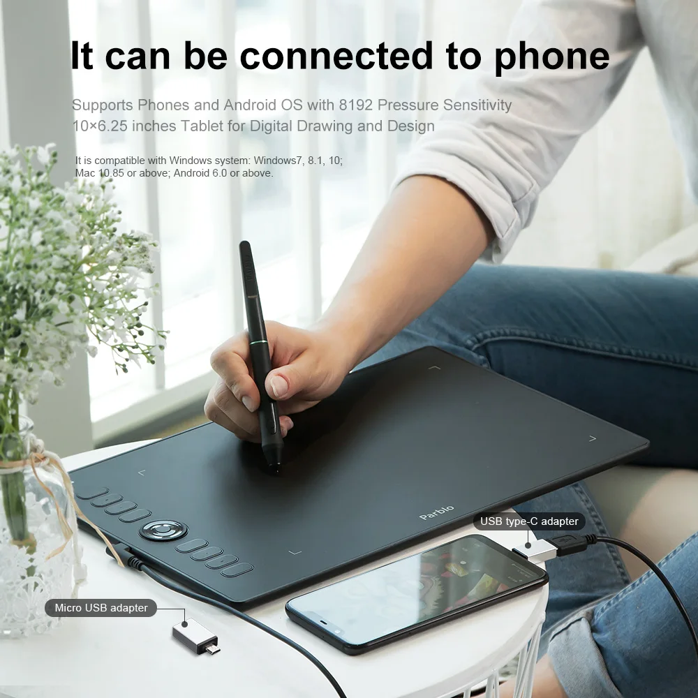  Parblo A610 Pro dibujo gráfico tableta compatible con teléfonos Android OS 8192 sensibilidad a pres