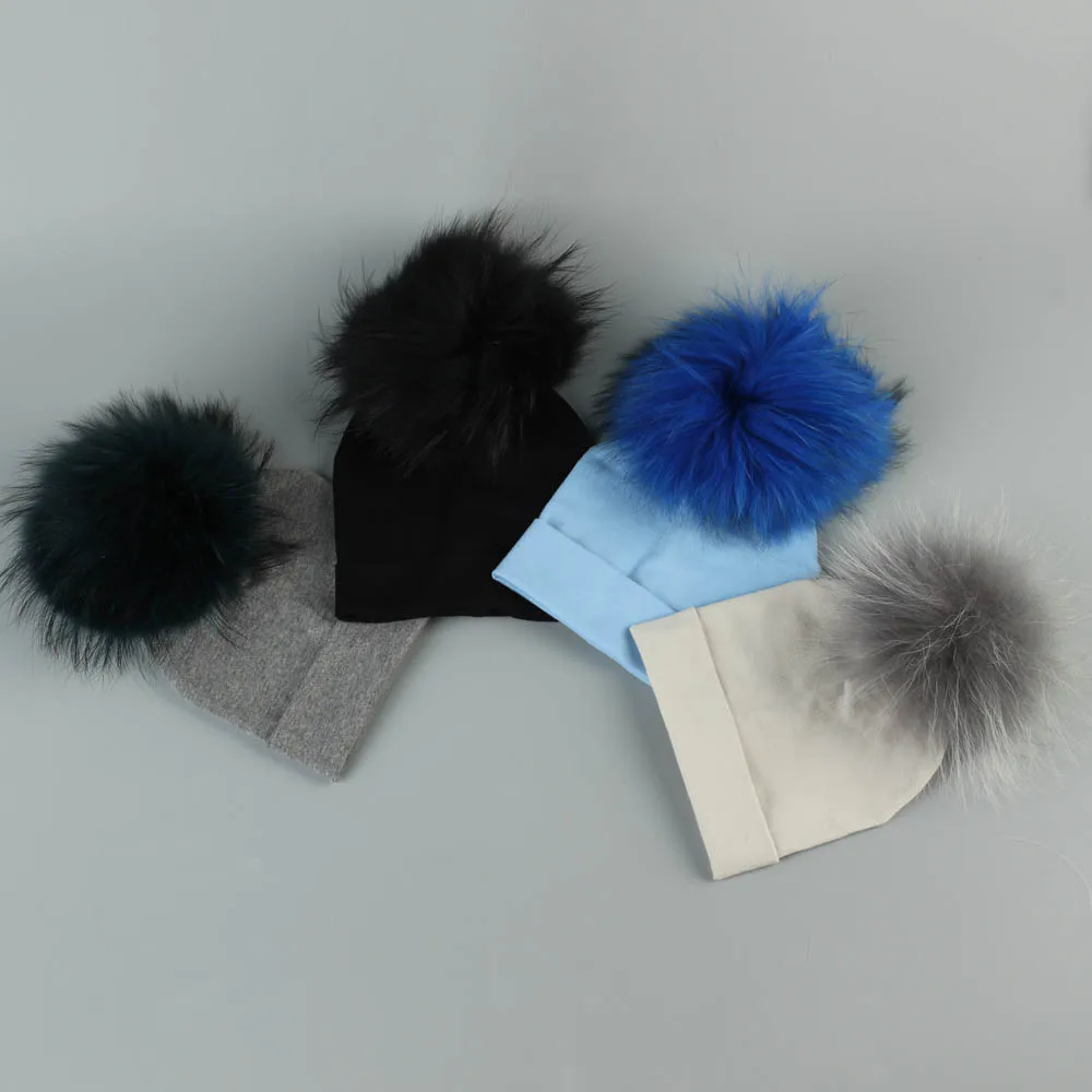 Мягкие теплые хлопковые шапочки Skullies Beanies для новорожденных мальчиков, Детские хлопковые шапочки с помпоном из натурального меха для девочек