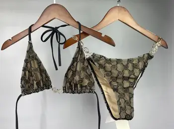 Conjunto De Bikinis De tul con cadenas doradas para mujer, bañador De estilo Halter, traje De baño De lujo, Monokini, ropa De baño