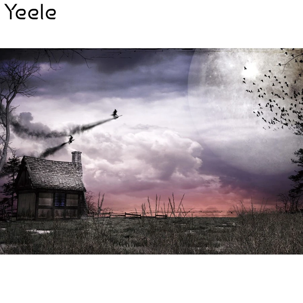 

Yeele Photocall Halloween Background Moon Night Bats Witch Retro Thatched Cottage Backdrop Photography Photo Studio Photophone