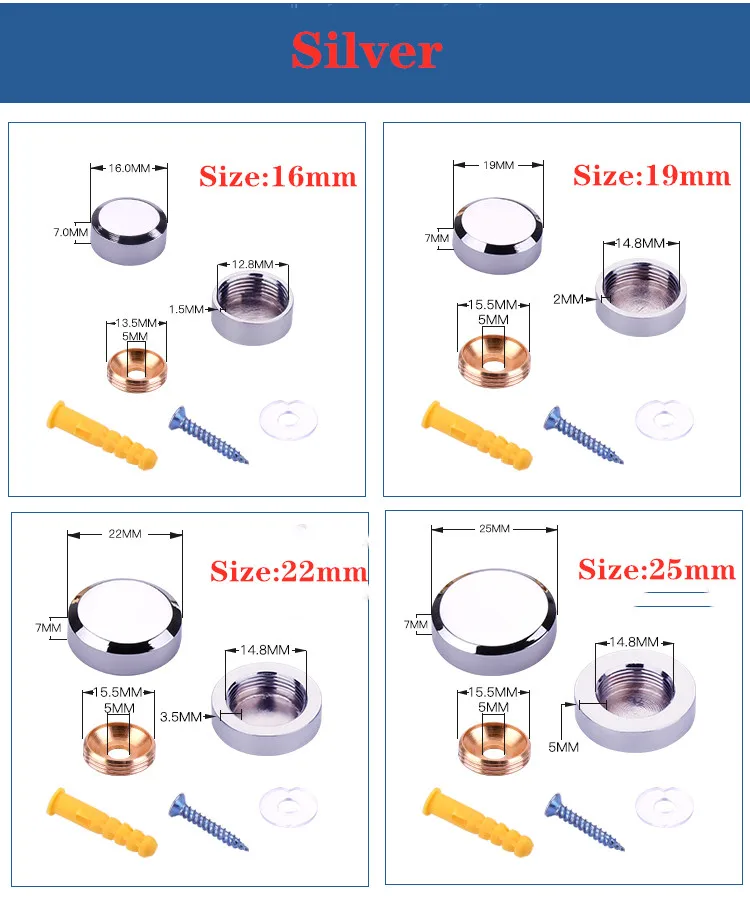 Silver 20 шт./лот, Блестящая Серебристая, розовая, золотая, латунная скошенная крышка, декоративный зеркальный винт, дисплей, без рамы, зеркальный акриловый знак - Цвет: Silver