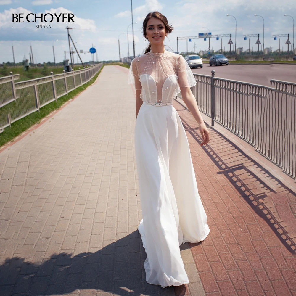 Vestido De Noiva Иллюзия Свадебное Платье из фатина с высоким воротом и жемчугом А-линия
