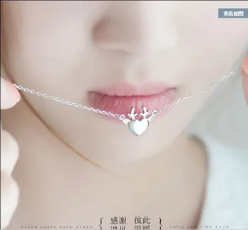 

CSHOU52 Simple S925 Sterling Silver Necklace Student Antler Pendant Clavicle Chain