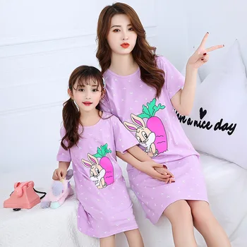 

Mother Kids Pajamas Family Matching Clothes Mom Daughter Nightgowns Summer Cotton Night Dress Girls Women Nightwear Sleepshirts