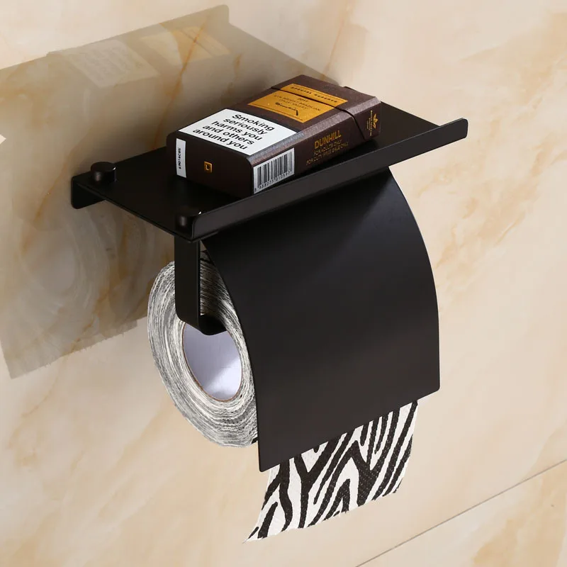 MTTUZK Matt Black 304 Stainless Steel Toilet Paper Holder With Phone Shelf Bathroom Toilet Matte Black Roll Paper Holder