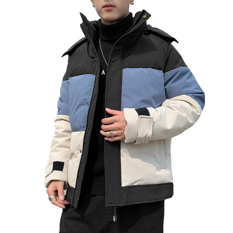 Japanese Slim Fit Removable Hooded Cotton Jacket Men's Fashion Color Block Warm Cotton Jacket Coats for Men Winter Coat Men