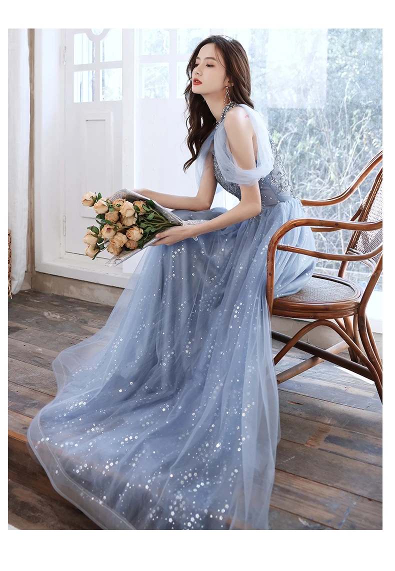 blue prom dresses Light greydish blue sequined long luxury beads lady women mother prom dress party dress performance singing dress free shipping burgundy prom dresses