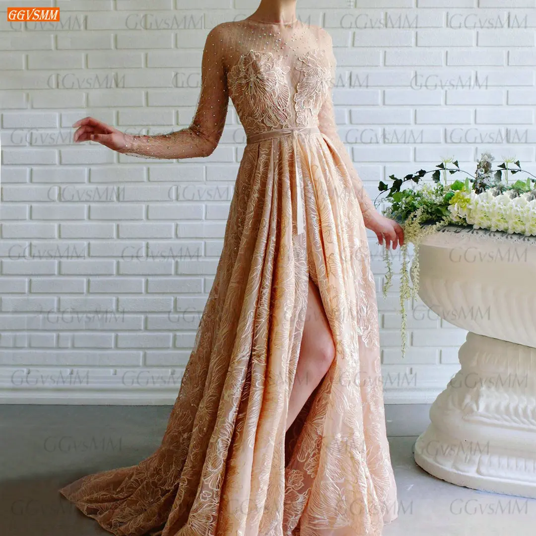 

Champagne Lace Evening Dresses 2022 O Neck Vestito Da Festa Di Nozze Long Sleeves Beading A Line Avondjurken Gala Party Dresses