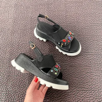 

MLJUESE 2020 women sandals cow leather Rome style black color buckle strap crystal platform high heels beaches sandals party