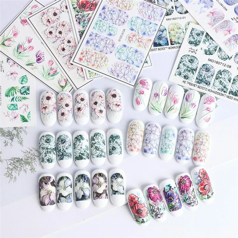 Hot 1PC 5D Acrylic Engraved Flower Nail Sticker Embossed Lace Flower Cute Cat Water Decals Empaistic Nail Water Slide Decals