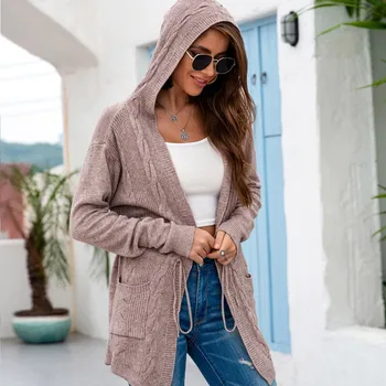 

2020 Casual Women's Solid Color Cardigan Sweater Waist Drawstring Knitted-twist Hooded Loose Cardigan Overcoats #3