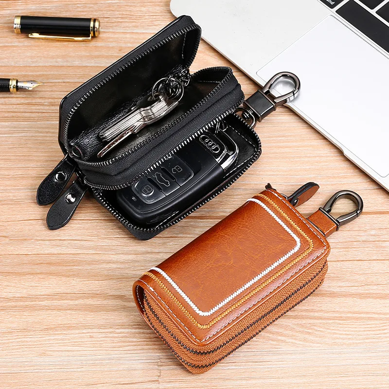 Fashion Genuine Leather Key Wallets Men Simple Car Key Holders Double Zipper Keychain Case Women Housekeeper Purse key case key holder key organizer key purse key protector