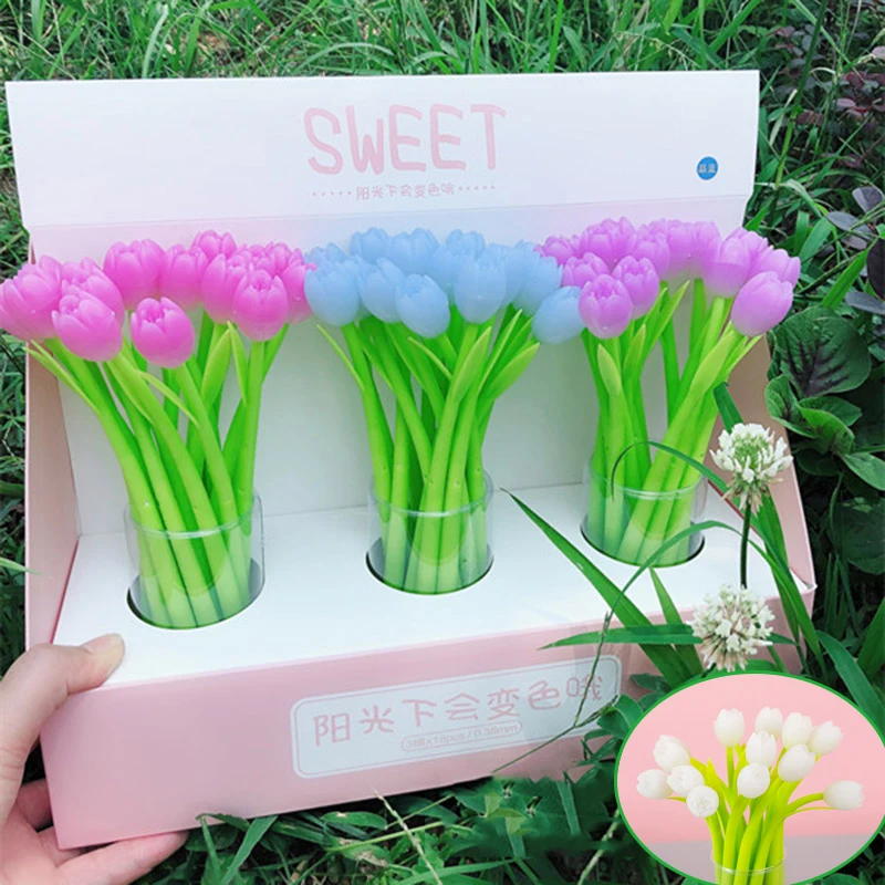 cheap Creative Discolor Tulip Gel Pen Kawaii Flower Gel Pen Novelty Neutral Pen For Kids Girls Gifts School Cute Stationery Supplies