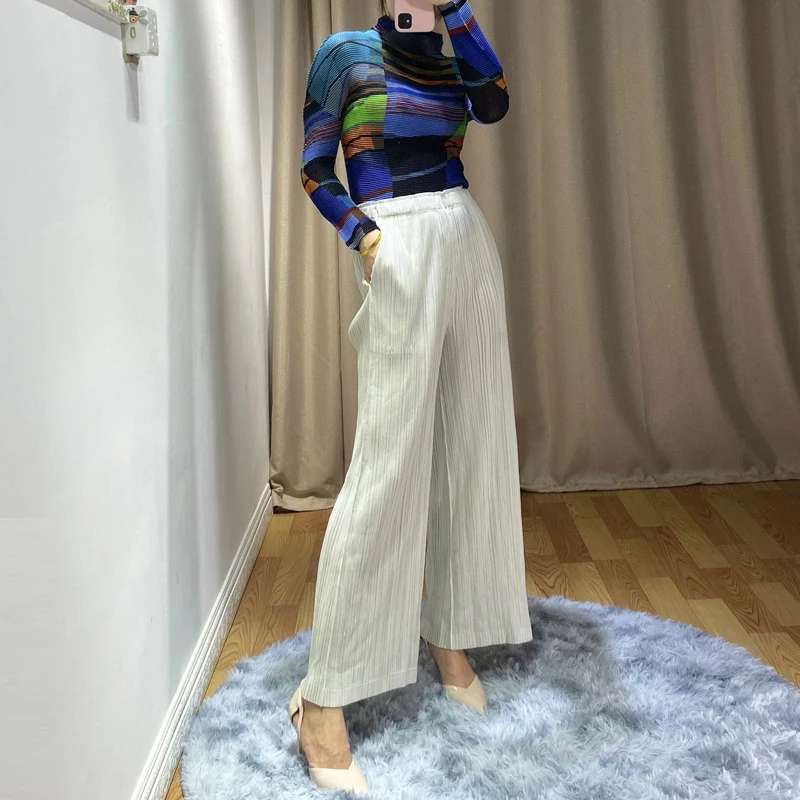 MIYAKE плиссированные прямые брюки, базовые плиссированные брюки, одноцветные, большие размеры, узкие прямые широкие брюки