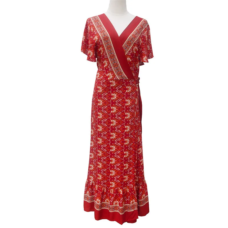 Dropshipping Women Summer Retro Floral Print Long Dress Elegant Beach Belt Sexy V-Neck Appearance Print Maxi Bohemian Dress Lady