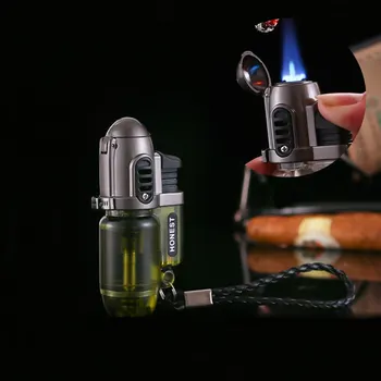 

Metal lighters Lanyard portable Cigar Butane Lighters Cigarette Lighter Windproof Gas Lighter Torch Small Spray Gun Blue Flame