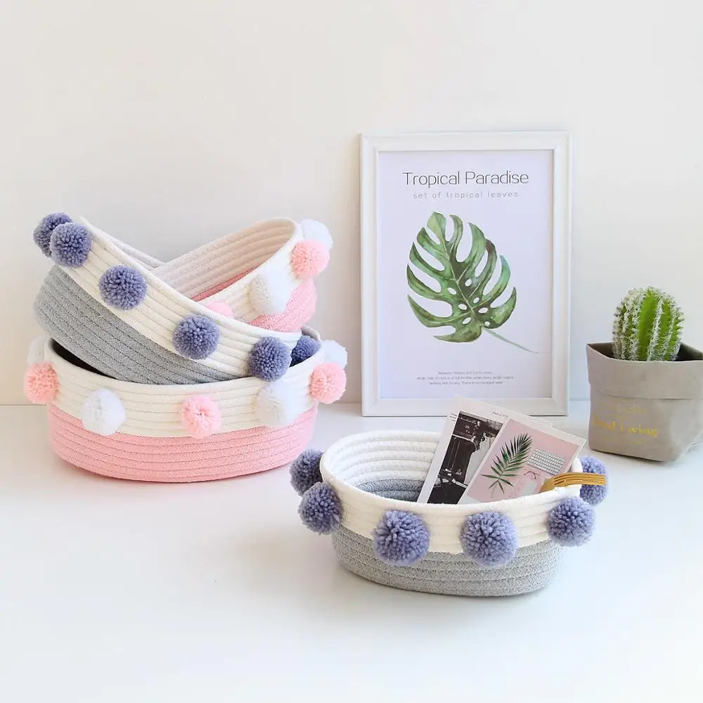 

Books Magazines Cosmetics Organizer Box Desktop Sundries Clothes Toy Storage Basket with Pompom Decorative Makeup Woven Baskets