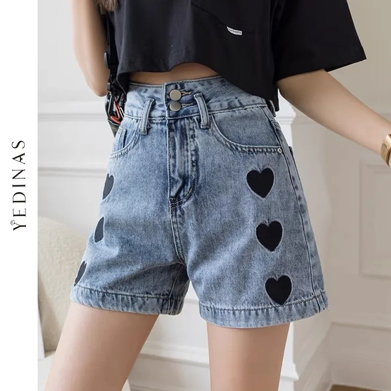 

Yedinas 2021 Summer Fashion Women High Waist Button Vintage Print Leg Jeans Shorts Casual Female Loose Streetwear Denim Shorts