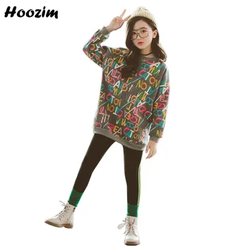 

High Street Suit For Girls 4-13 Years Fashion Graffiti Letter Thick Velvet Long Sleeve Top+Fitness Legging Set Children Spring