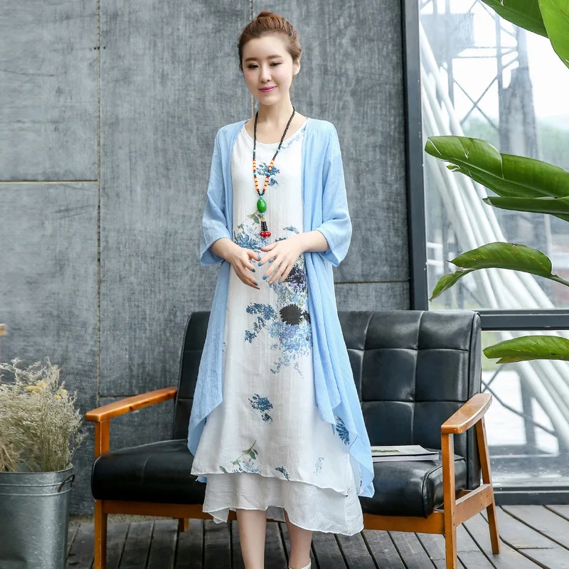 

2019 Spring And Summer New Style WOMEN'S Dress Artistic Long Cotton Linen Dress Two-Piece Set Vintage Printed Dress Women's