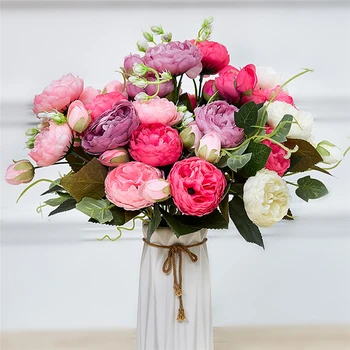 

30cm Rose Pink Silk Bouquet Peony Artificial Flowers 5 Big Heads Bride Wedding Home Decoration Fake Flowers Faux
