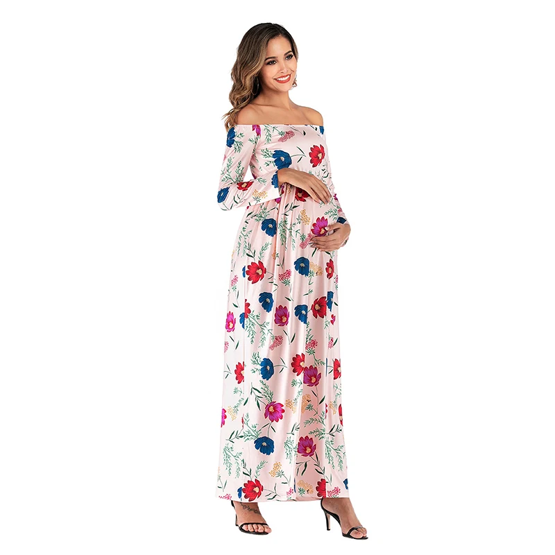 2019 Brand New Women's Autumn and Winter Shoulderless Flower Print Long Sleeve Pregnant Women Long Dress Maternity Dresses