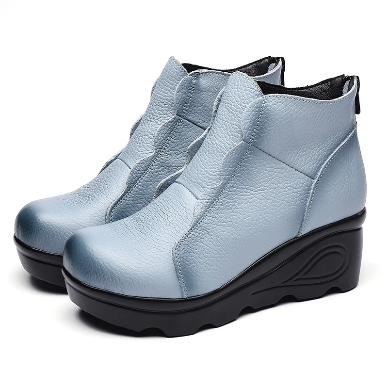 Xiuteng Platform Zipper Ankle Winter Shoes Women Boots High Quality Height Increasing Ladies Shoes Cow Lerther Down Fashion Boot - Цвет: inside Plush-Blue