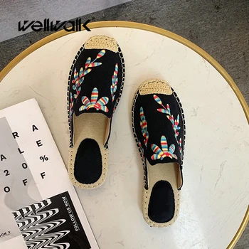 

Flower Embroidered Espadrilles Women Flat Loaders Slip On Mules Slippers Female Casual Spring Slides Animal Designer Shoe Woman