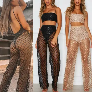 

New 2020 Women Lace Crochet Beach Wide Leg Pants Lace See Through Swimwear Beach Trousers