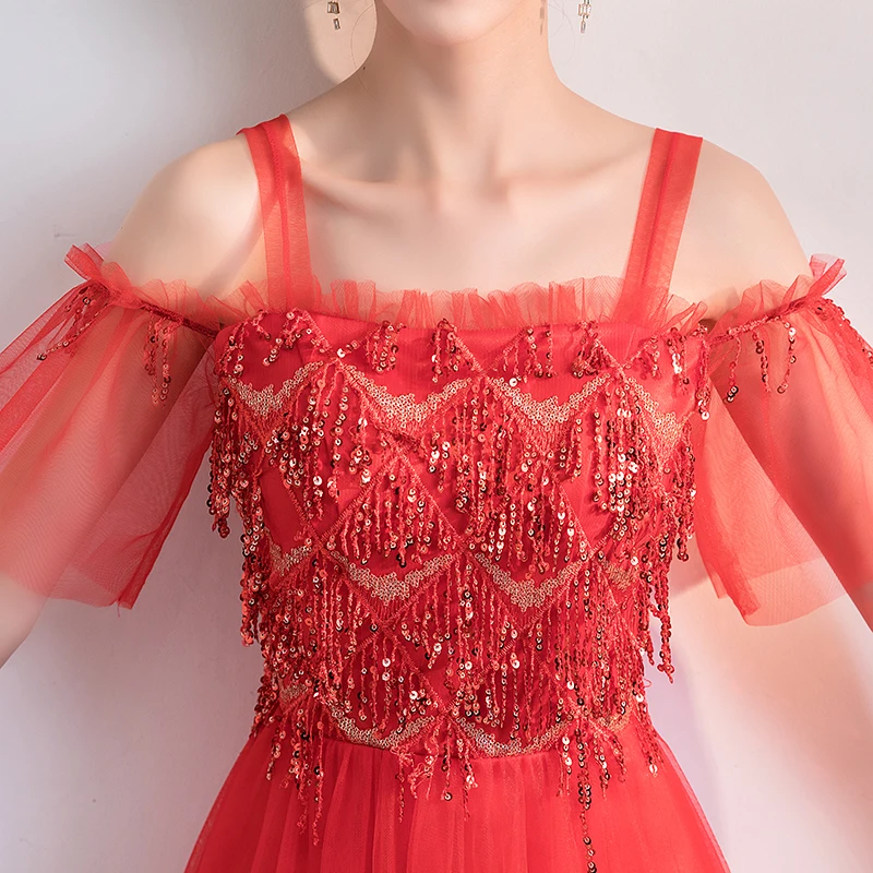 Vestido, элегантное платье подружки невесты, свадебное, вечернее, без рукавов, расшитое блестками, тюль, модное, Дамское, сексуальное, для выпускного вечера, женское платье, красное, для невесты