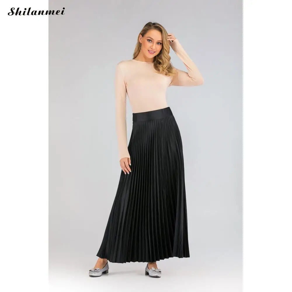black Женские винтажные осенне-зимние юбки с высокой талией, элегантные сексуальные обтягивающие однотонные плиссированные юбки, женские макси юбки, женские s Shilanmei - Цвет: black